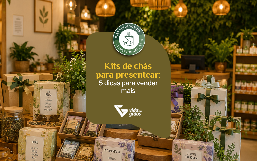 Imagem de uma loja de produtos naturais com alguns kits de chás para esse inverno.