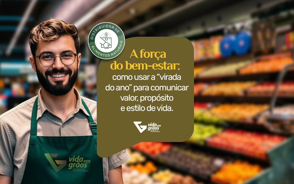 Imagem de um dono de loja de produtos naturais falando sobre as oportunidades de vendas na virada do ano.