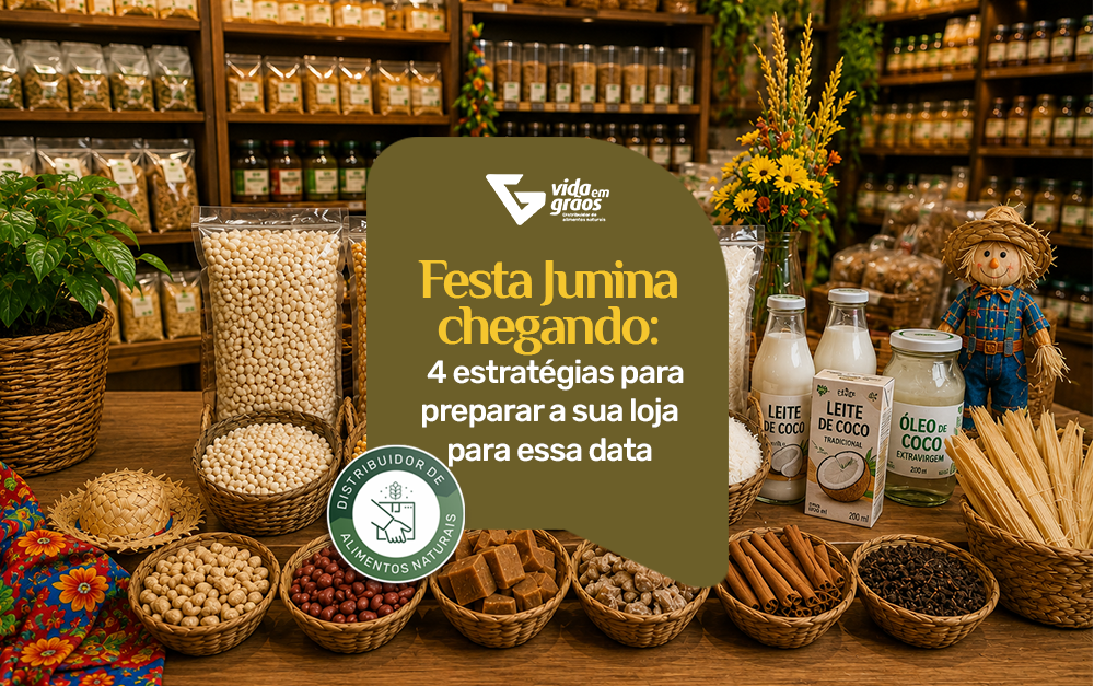 Imagem de uma loja de produtos naturais preparada para suas vendas no período de festa junina.