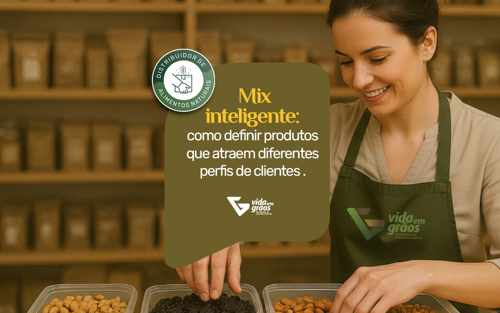 Imagem de uma lojista organizando seu mix de produtos naturais inteligente.