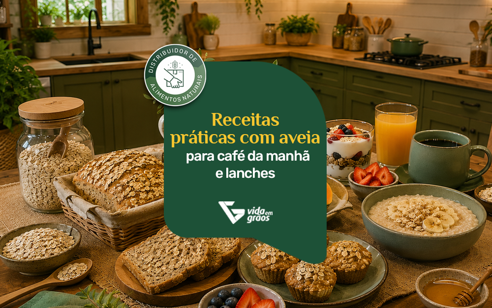 Imagem de algumas receitas feitas com aveia em uma loja de produtos naturais.