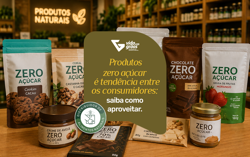 Imagem de uma loja de produtos naturais com alguns produtos zero açúcar.