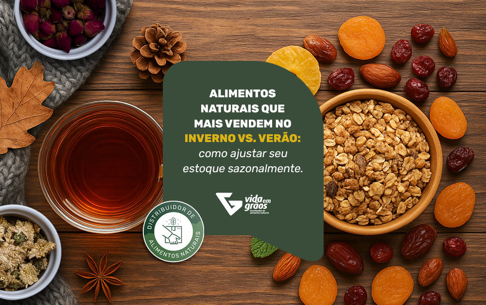 Imagem de alimentos naturais que são vendidos no inverno e outros que são mais vendidos no verão.