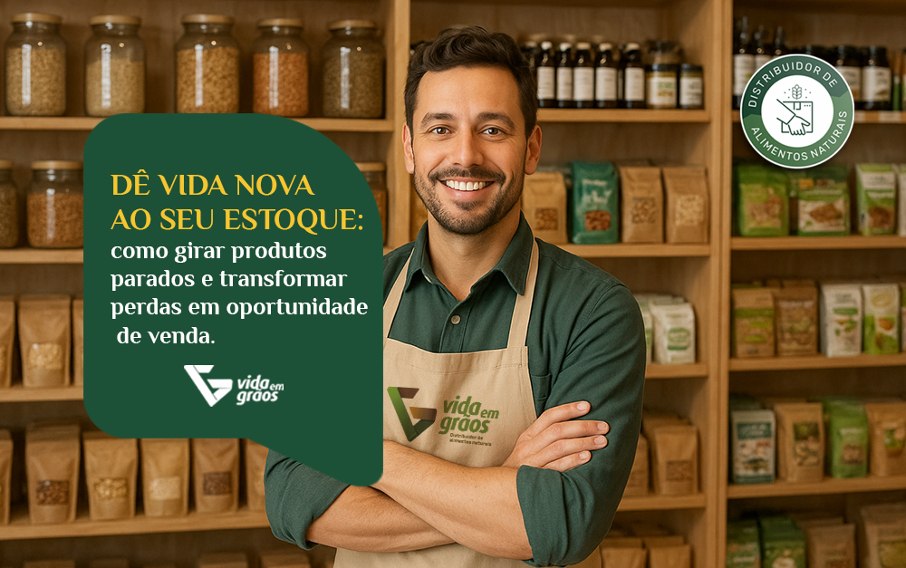 Imagem de um dono de uma loja de produtos naturais frente ao seu estoque com produtos da Vida em Grãos.